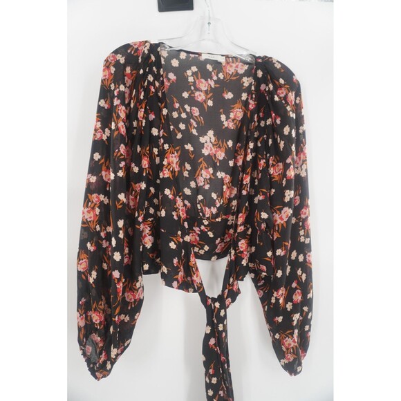 A.L.C. Carla Floral 100% Silk Wrap Floral Black Pink Ruffle Cuffs Blouse Size S - Picture 13 of 16